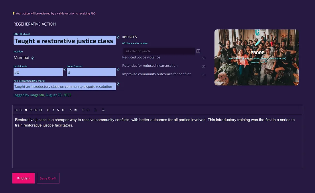 Bloom Network Action Form showing a restorative justice training