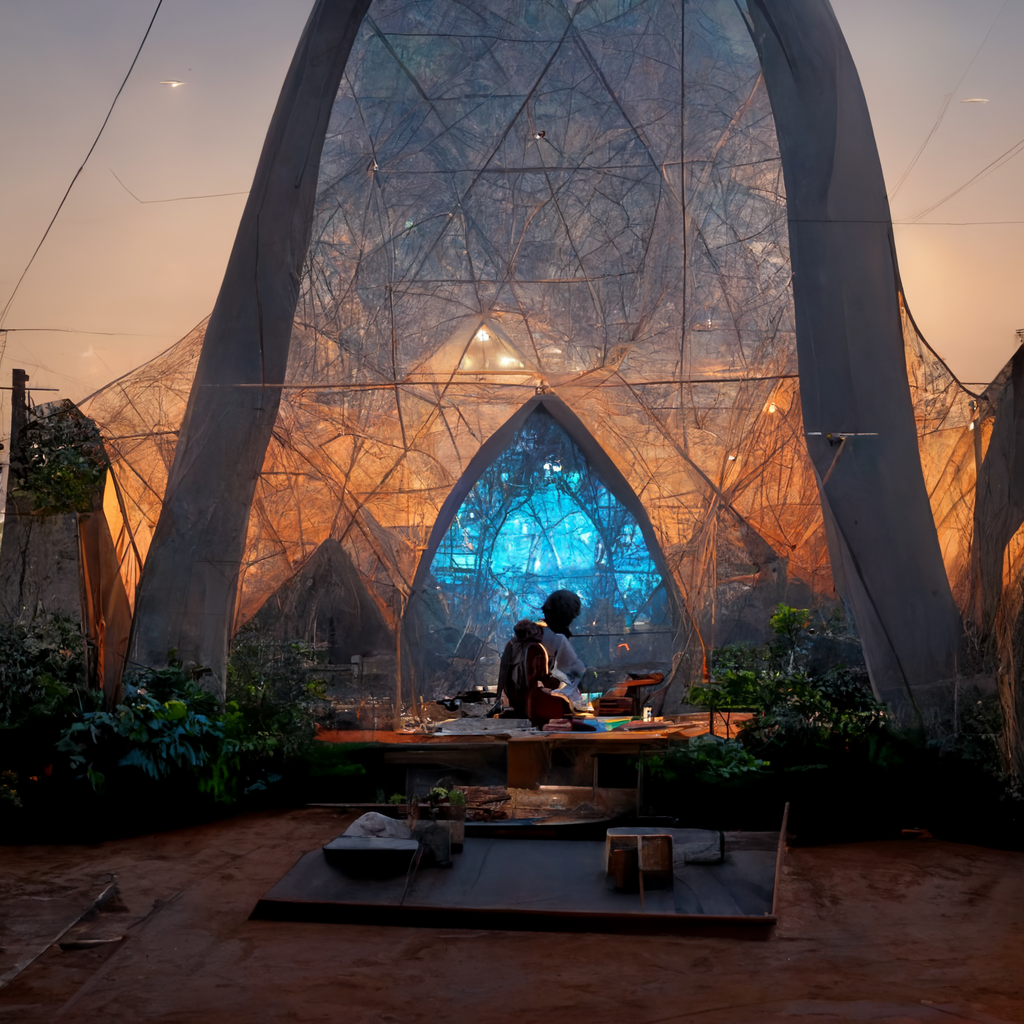 a solarpunk dome with a healer's station
