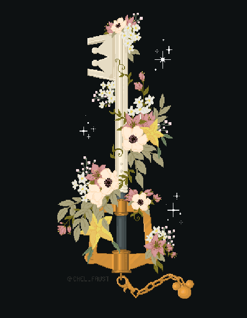 pixellated key illustration with flowers