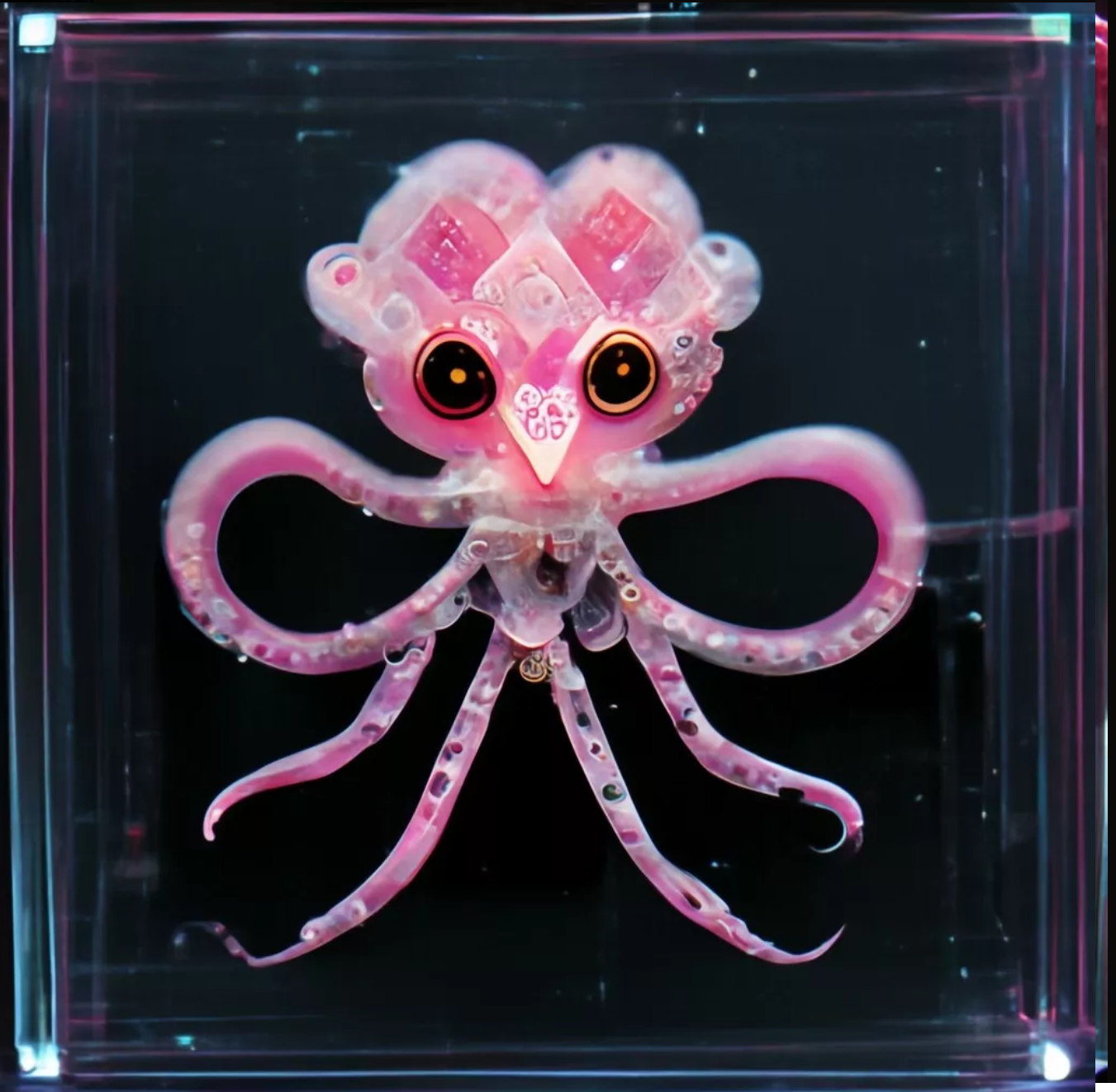 transparent pink octopus in a liquid circuit box